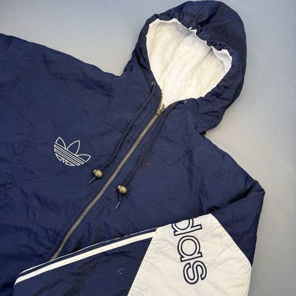 Vintage Adidas Jacket Mens Medium Blue Puffer Hooded Windbreaker Coat 90s